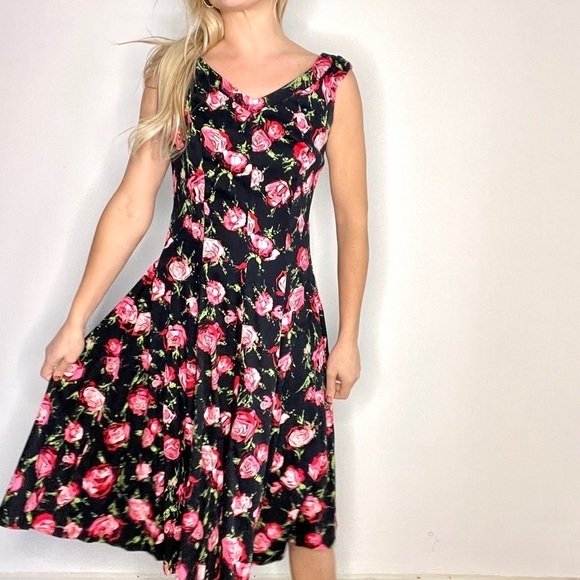 Talbots Black, Pink, Red Floral Retro Dress - Picture 1 of 14
